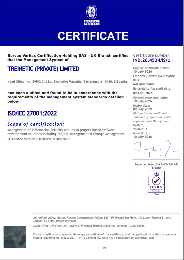 Treinetic ISO IEC 27001 2022 Certification Certificate issued by Bureau Veritas